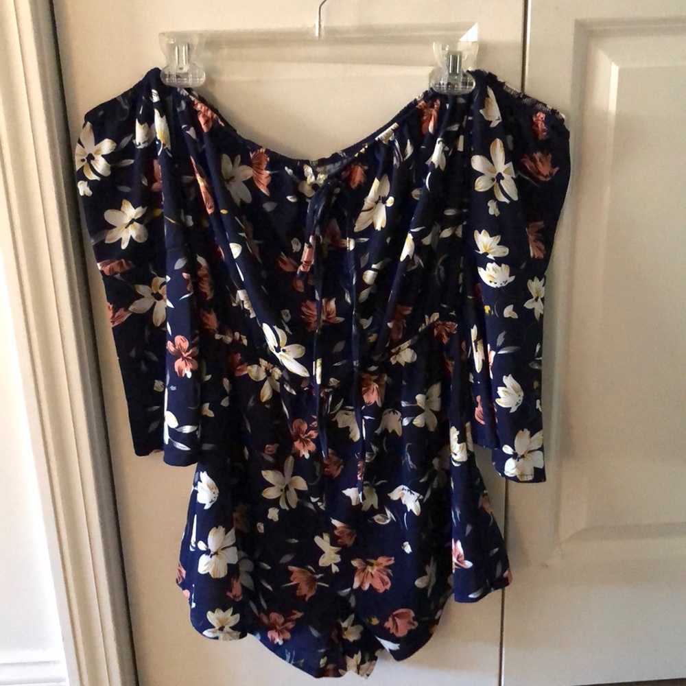 Navy flower patterned off the shoulder romper